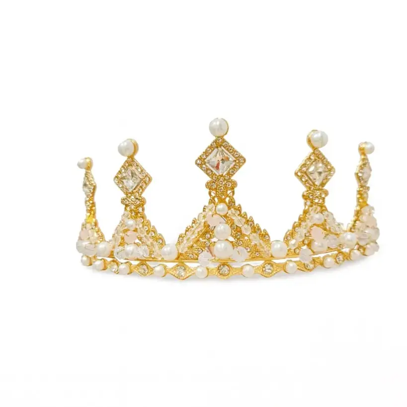 Gold Pearl & Crystal Royal Tiara Crown | TPR216