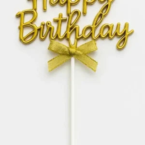 Golden Happy Birthday Topper with Ribbon – Elegant Cake Topper (Pack of 10) | TPR202B