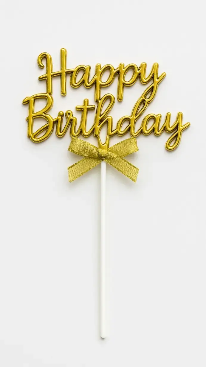 Golden Happy Birthday Topper with Ribbon – Elegant Cake Topper (Pack of 10) | TPR202B