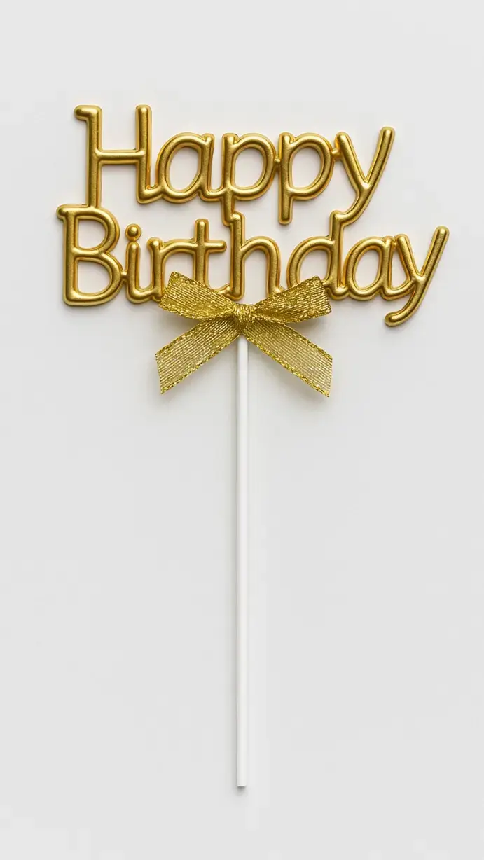 Golden Happy Birthday Topper with Ribbon – Elegant Cake Topper (Pack of 10) | TPR202A