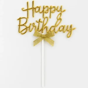 Golden Happy Birthday Topper with Ribbon – Elegant Cake Topper (Pack of 10) | TPR202C
