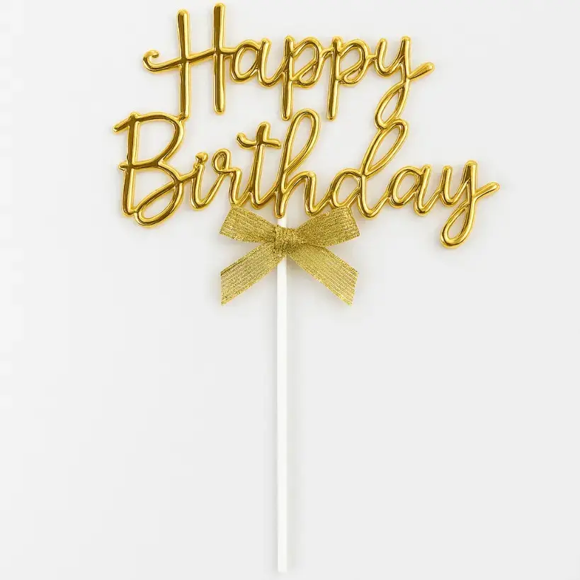 Golden Happy Birthday Topper with Ribbon – Elegant Cake Topper (Pack of 10) | TPR202C