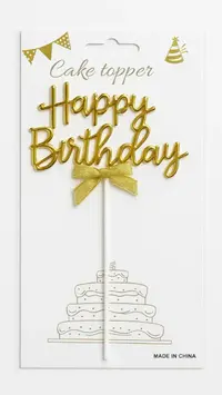 Golden Happy Birthday Topper with Ribbon – Elegant Cake Topper (Pack of 10) | TPR202C - Image 3